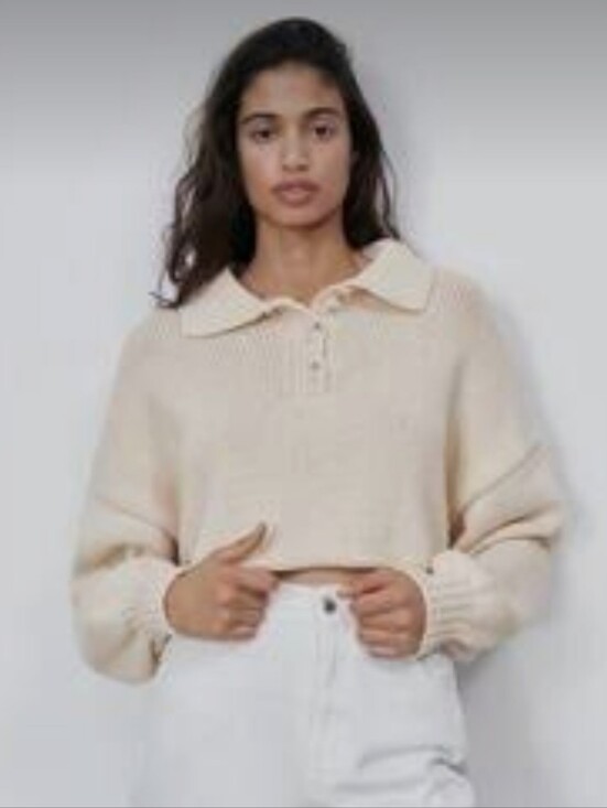 Zara Sweaters - ZARA Cropped Cream Balloon Sleeved Polo Collar KnitSweater Sz Small